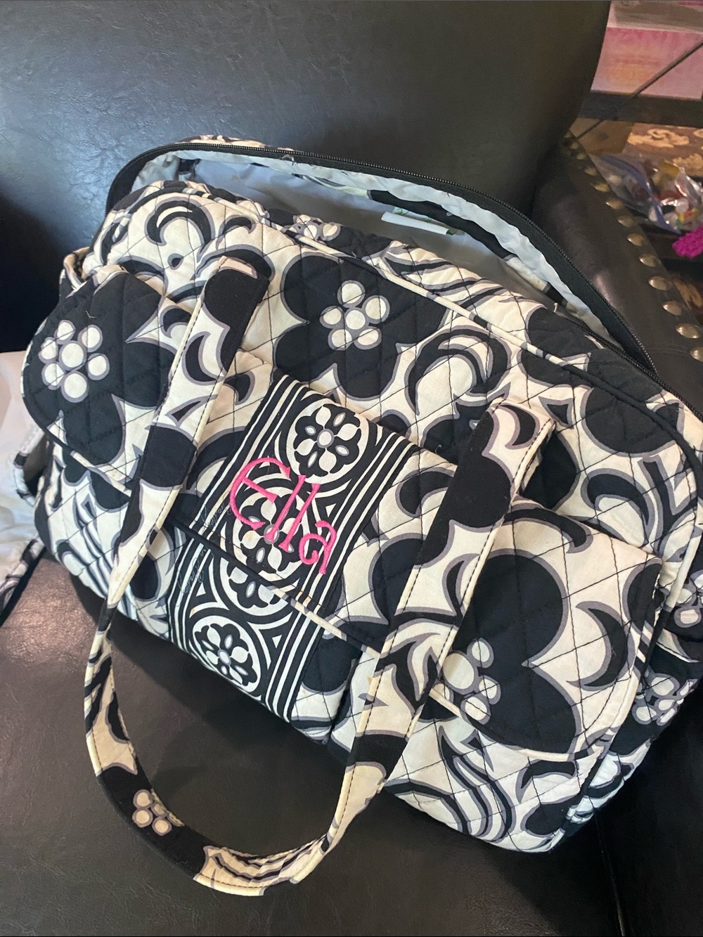Vera Bradley Black & White Quilted Floral Tote with Pink Monogram